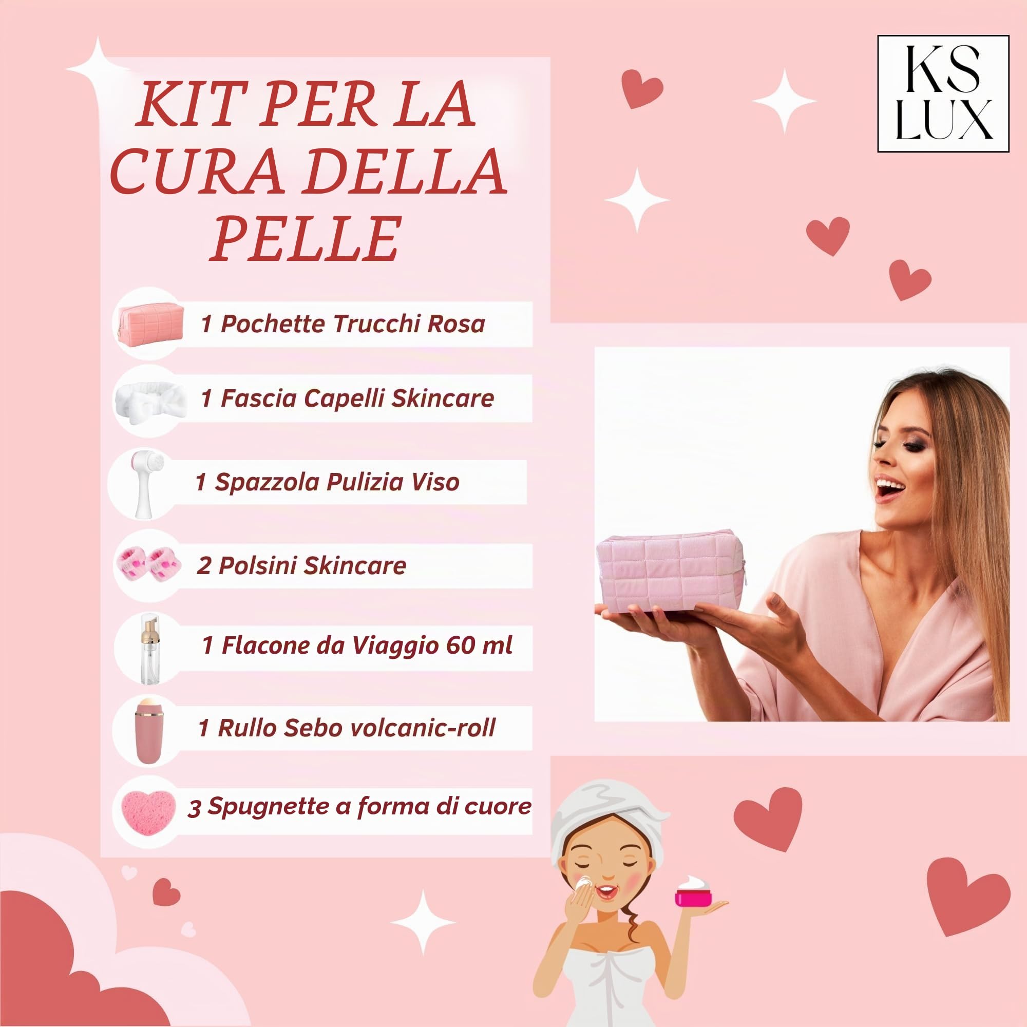 Skin care kit viso, regali donna originali e utili, set skincare completo: fascia capelli skincare, flaconi da viaggio, spazzola pulizia viso, 3 spugnette pulizia, rullo sebo.