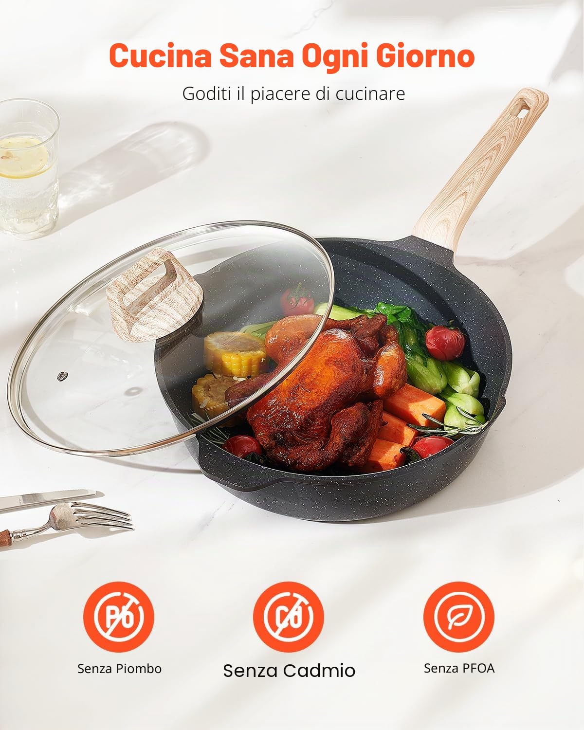 VEVOR Set di Pentole, Padelle Antiaderenti in Granito con Manico, Set di Pentole a Induzione da Cucina per Camper, con Frittura, Coperchi in Vetro Temperato, Nero 19 Pezzi