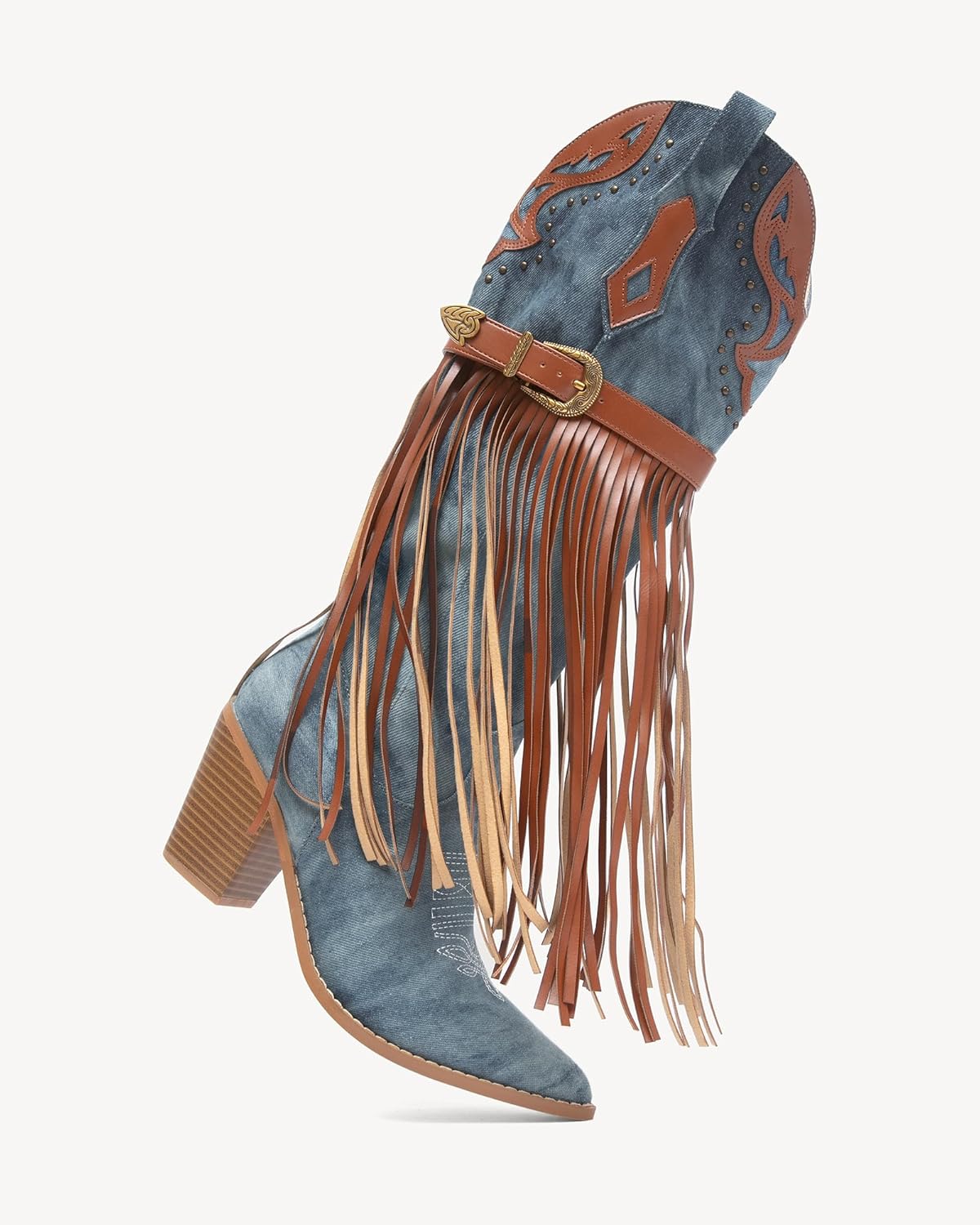 NEWBELLA Women's Western Cowboy Boots - Embroidered Fringe Pointed Toe Cowgirl Boots Chunky Heel Mid Calf Boots with Side Zip - Image 2