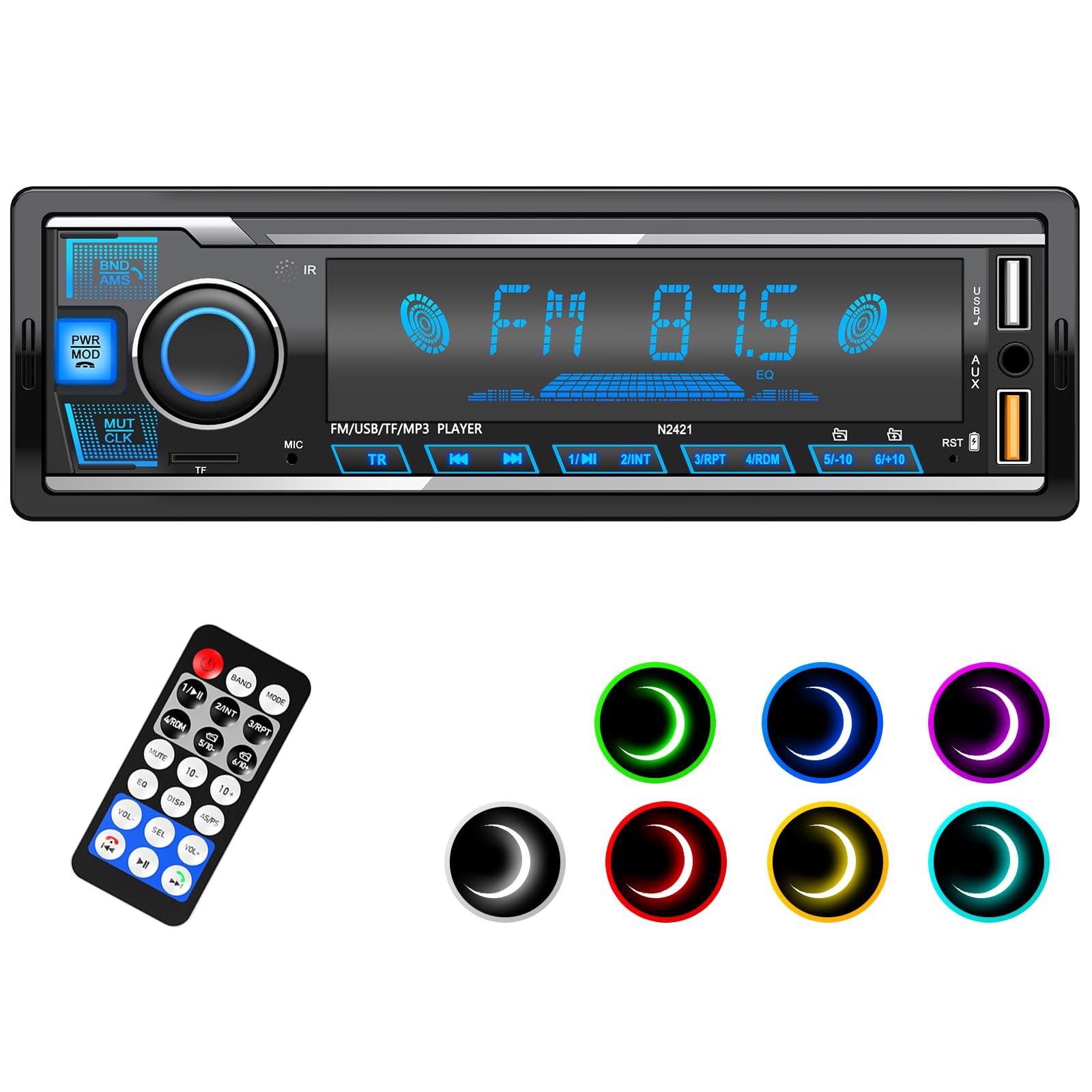 Autoradio Bluetooth,Auto Radio Bluetooth Radio mit 7 Farben Licht Einstellbar 1 Din Autoradio Bluetooth FM mit 2USB/AUX/TF MP3 Player Unterstützt iOS und Android