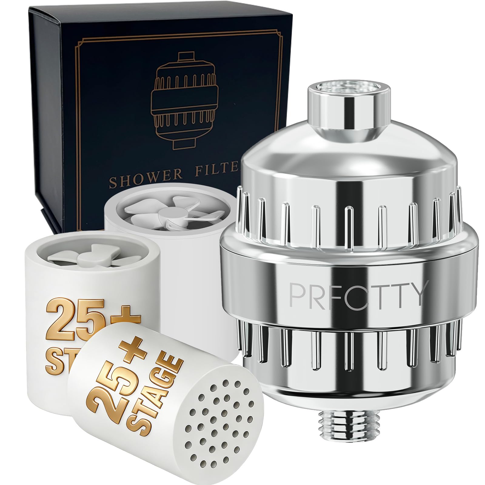 25-Stage Hard Water Shower Filter with Enhanced KDF55,High Output Filtered Shower Head with 3 Replacement Cartridges,Removes Chlorine,Fluoride &amp; Sediment,Universal Polished Chrome Bathroom Showerhead