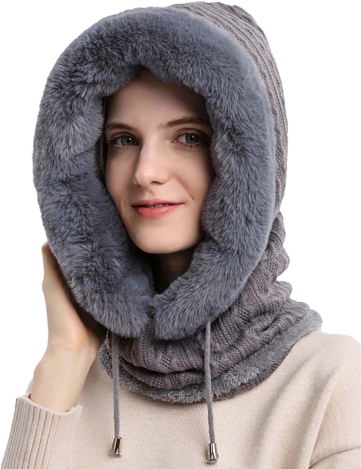 Winter Hats for Women One Piece Slouchy Beanie Scarf Mask Warm Faux Fur Hooded Balaclava Pullover Knitted Cap