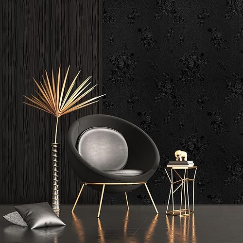 Miniatura 3 de Erfoni Papel tapiz negro para despegar y pegar, papel de contacto con estampado floral negro en relieve, 17.7 x 78.7 pulgadas, papel tapiz de flores
