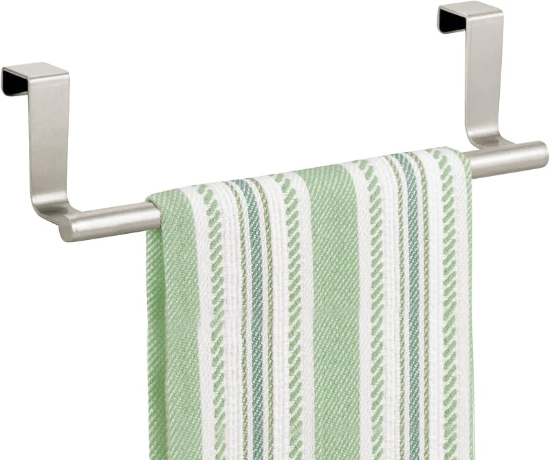 Metal Over Kitchen Cabinet Door Towel Bar Holder for Hand, Dish, and Tea Towel Rack - Over the Door Towel Bar - Hang on Inside or Outside of Doors - Kitchen Organizer - Omni Collection - Satin