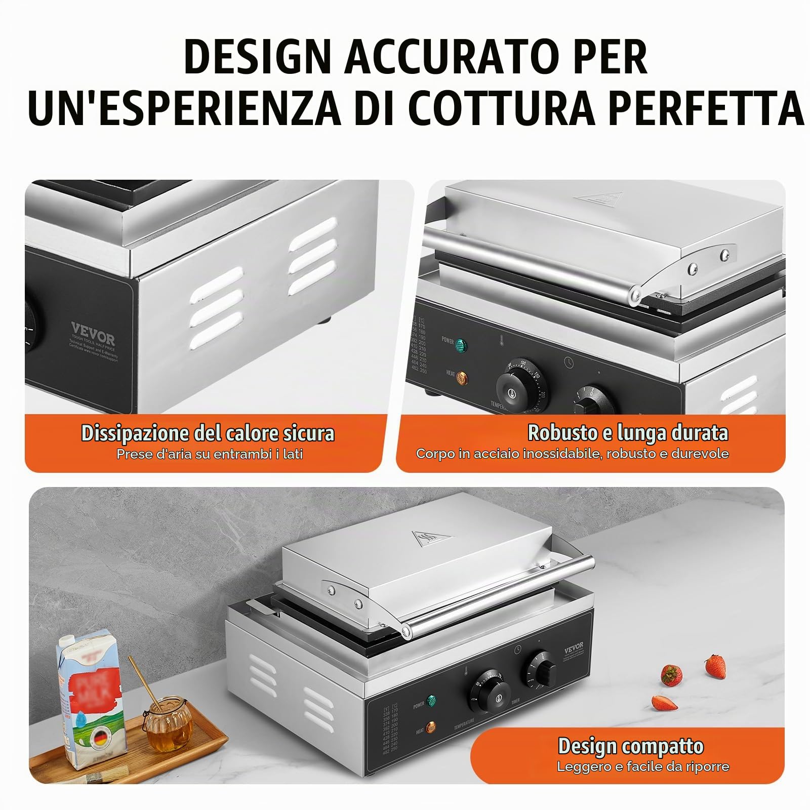 VEVOR Macchina per Waffle Commerciale, 10 pezzi per Waffle Rettangolare, Piastra Waffle Belga in Acciaio Inox Antiaderente 1550 W con Controllo Temperatura Tempo, Maniglia, per Ristorante, Panetteria