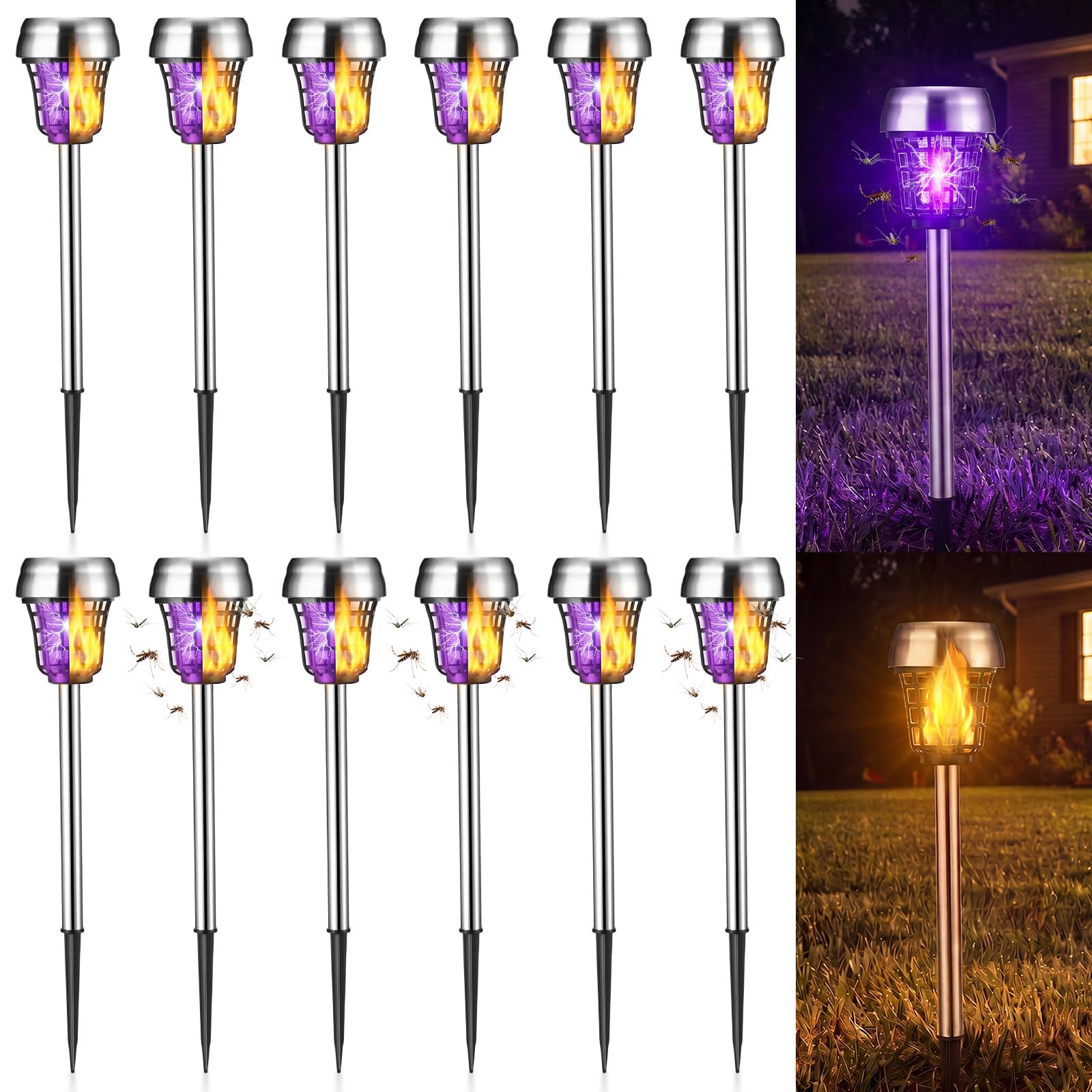 Qualirey 12 piezas de matamosquitos solar para exteriores, impermeables, matamosquitos con energía solar, lámpara repelente de mosquitos para patio, jardín, insectos (púrpura/luz de llama, acero