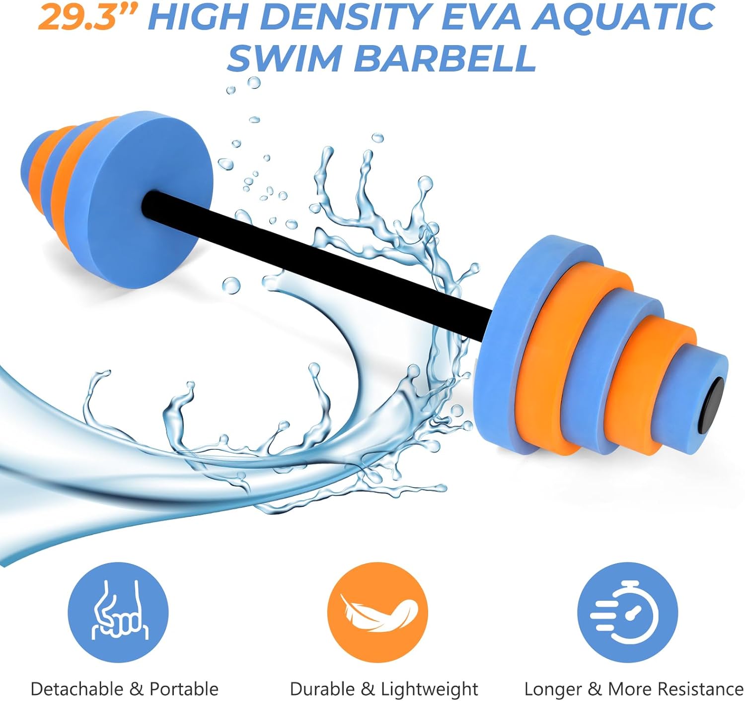 Swimming Barbell 29.3’’Pool Dumbbell with Water Exercise Discs High Density EVA Foam Aquatic Exercise Equipment Swim Dumbbell (Orange & Blue)