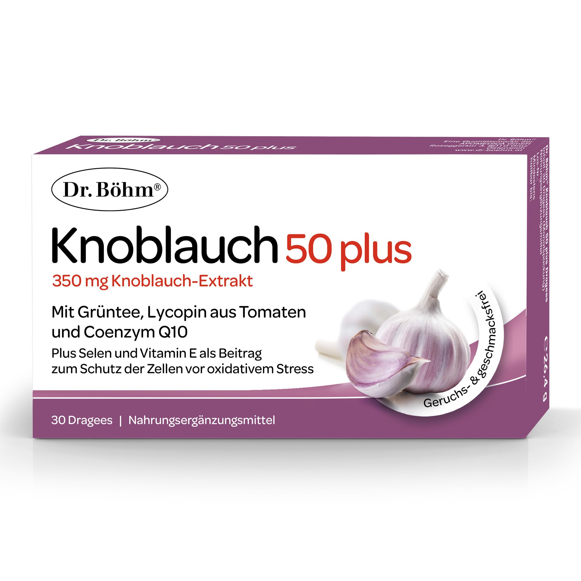 Dr. Böhm Knoblauch 50 plus: Für Herz, Gefäße und Cholesterinspiegel, mit Knoblauch-Extrakt, Ginseng, Coenzym Q10, Vitamin E und Selen, 30 Dragees