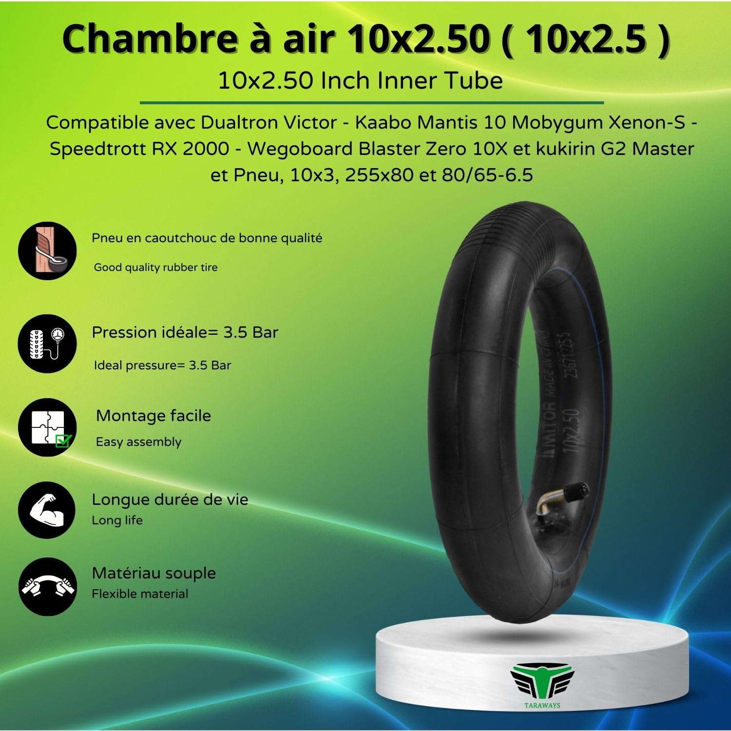 Camera d'aria 10 x 2,50 (10 x 2,5) per monopattino elettrico da 10 pollici, compatibile con pneumatici 2,55 x 80 e 65-6,5, Urbanglide E-Cross Max