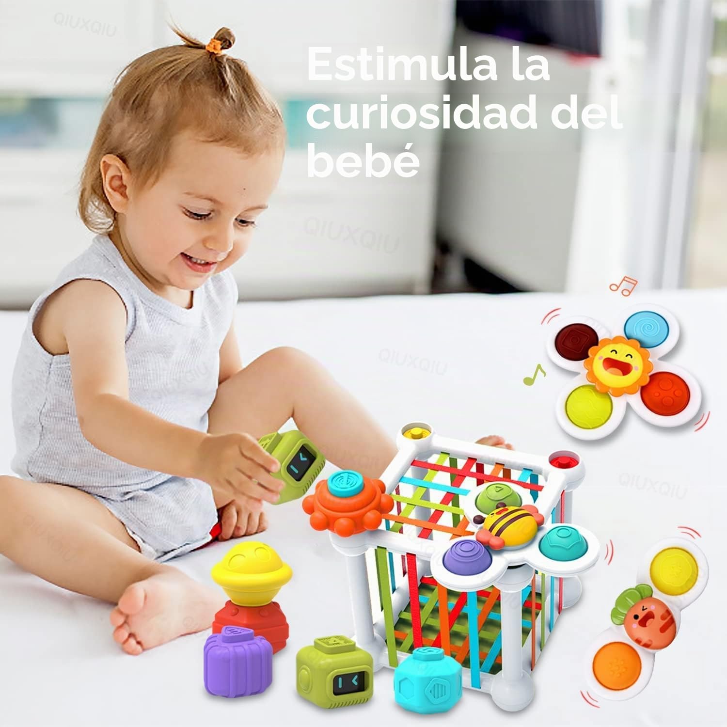 Montessori Juguetes para Bebés (12 Piezas), Cubos de Habilidades Motoras, Juegos Educativos Juguetes para Niños Juego de Clasificación de Formas, con 3 Trompos y 6 Formas Multisensoriales