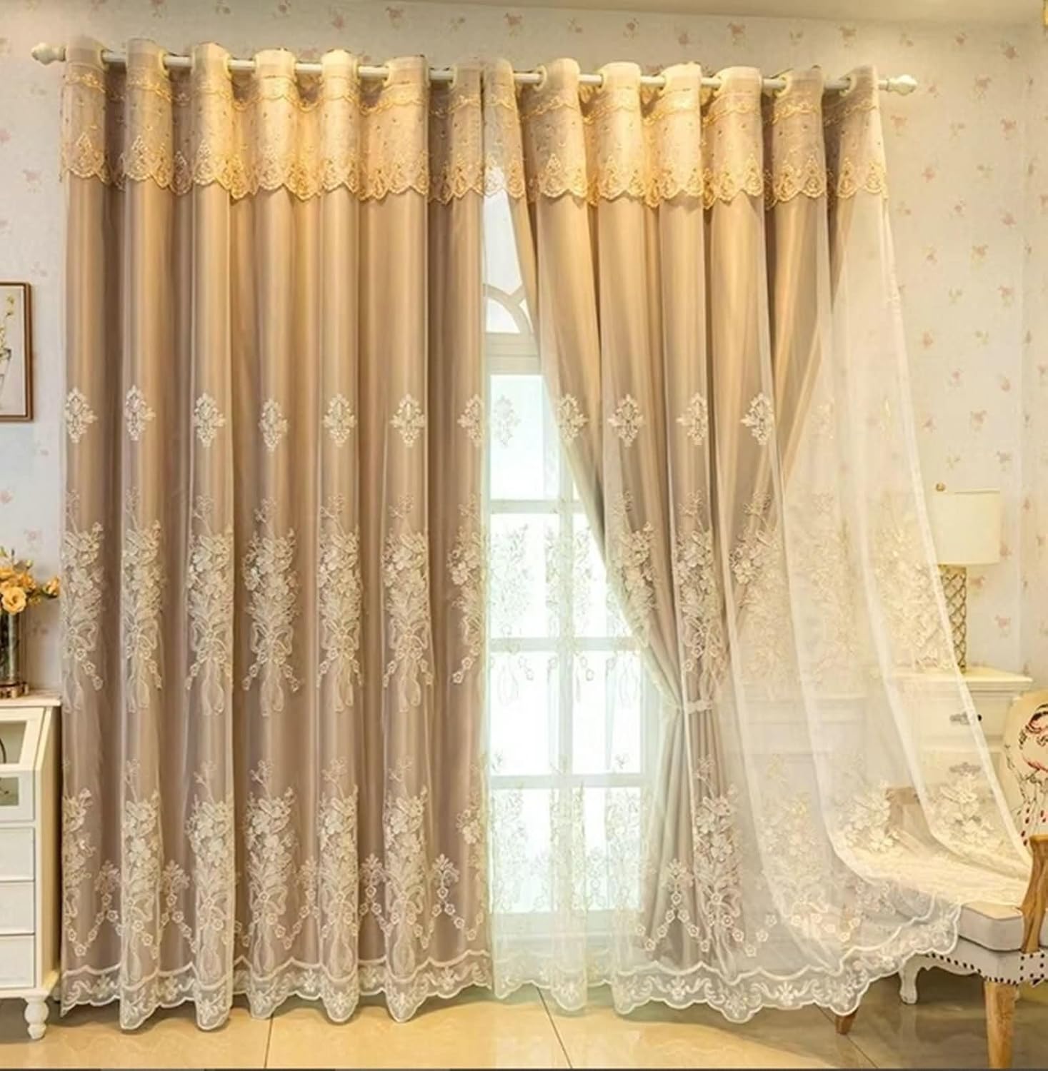 Window Curtain Blackout 2 Pack,2 x 34W x 54H inch,Curtains Drapes Beige Yellow for Bedroom Double Layer with Flower Embroidery Curtains for Living Room Eyelets