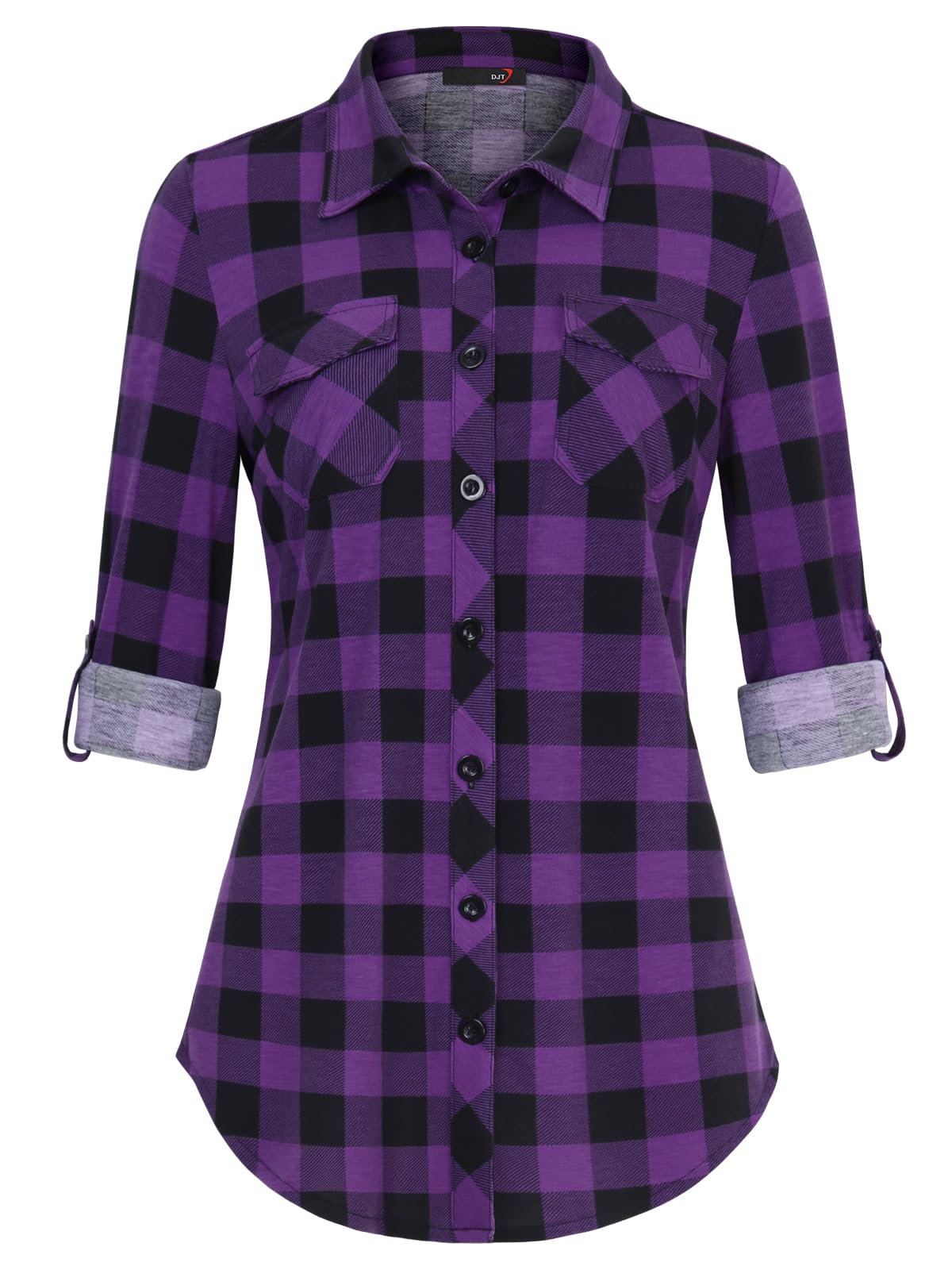 DJT Womens Soft Stretchy Knit Plaid Shirts Roll Up Long Sleeve Collared Button Down Blouses Tops