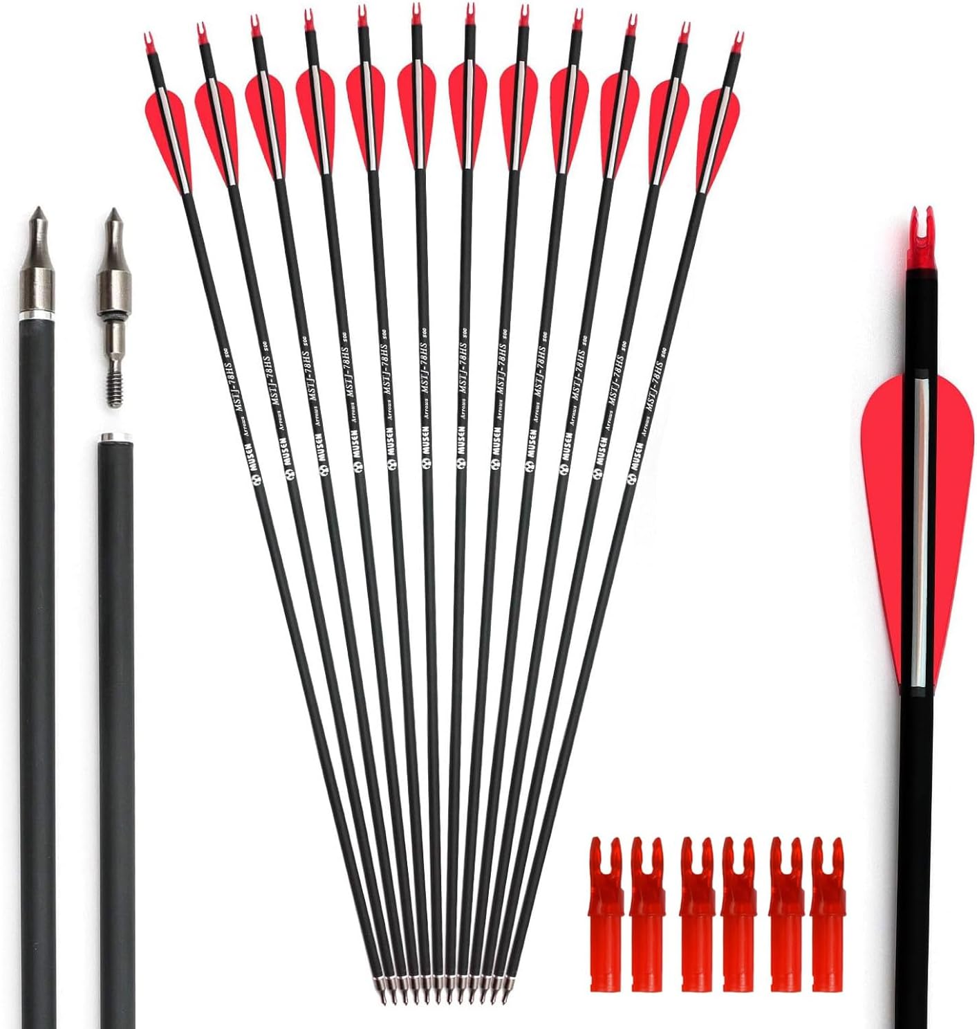 Musen 28"/30" Carbon Archery Arrows, Shaft Spine 500 with Removable Tips, GPI 13.0 Hunting and Target Practice Arrows for Both Compound Bow and Recurve Bow, 12 Pcs