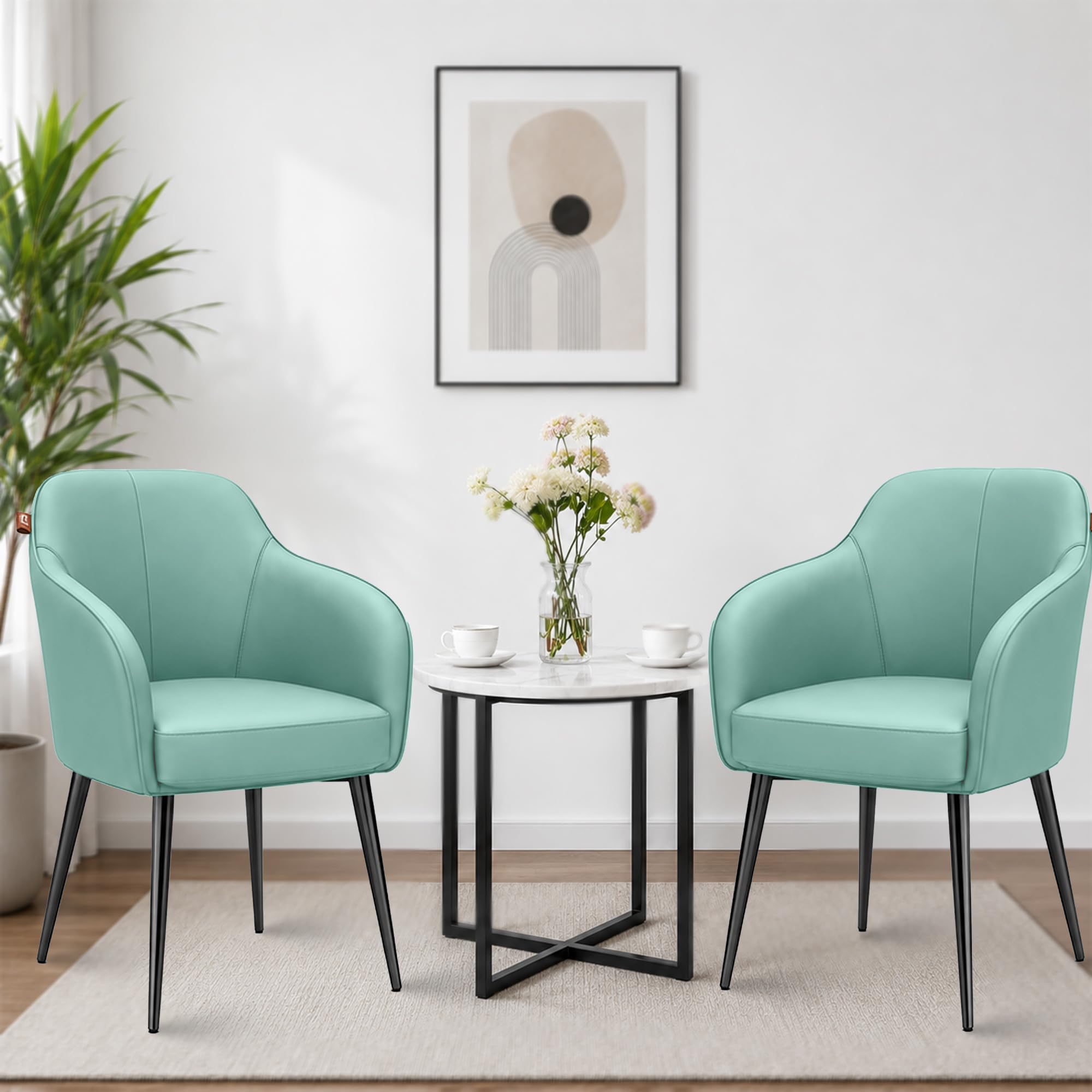 ROSE® Hazel Faux Leather Upholstered Arm Dining Chair, Cushion Seat, Wooden Frame, Metal Legs, Premium Accent Chair for Living Room, Bedroom, Dining Room, Cafe & Restaurant (Sky Blue, Set of 2)-image-20