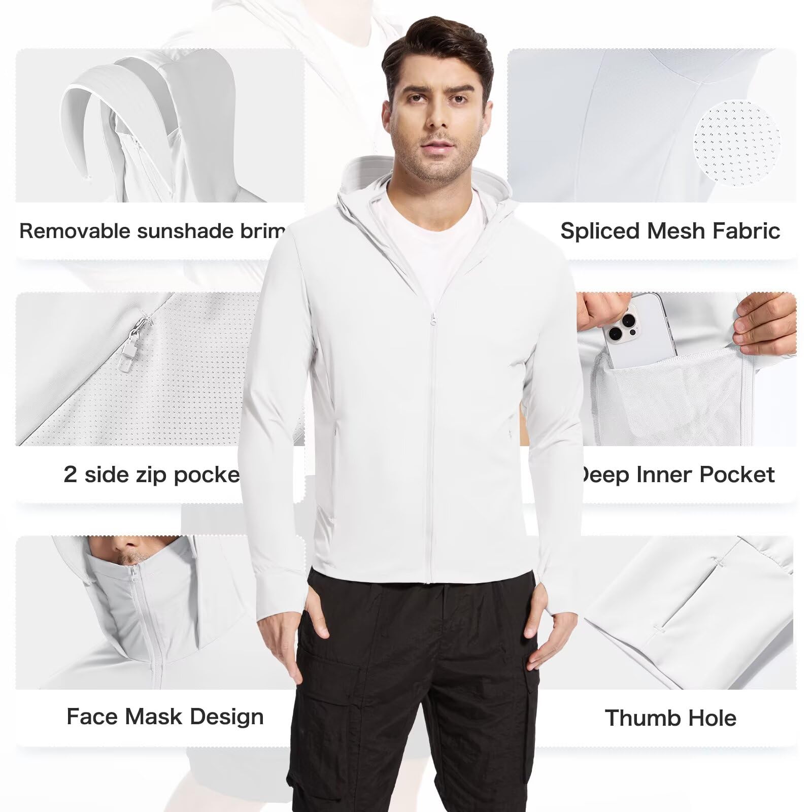 Camisas de protección solar UPF 50+ para hombre, con capucha, con bolsillo, manga larga, UV, para pesca, senderismo