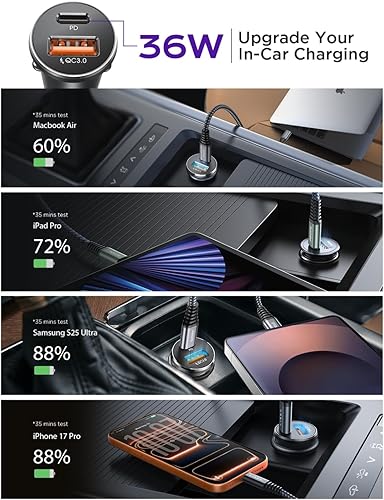 Miniatura 29 de LISEN Adaptador de encendedor de cigarrillos de 54 W, cargador de coche USB C de carga rápida, cargador de coche USB de 12 V, adaptador de carga