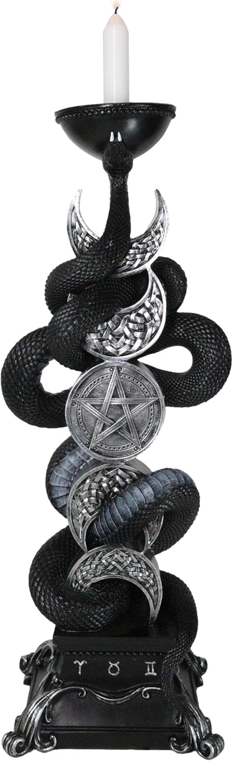 Ebros Triple Moon Pentagram Insignia with Black Slithering Viper Snake Taper Chime Candle Holder Wicca Wiccan Pagan Decorative Candleholder Figurine Occult Home Decor Accessory