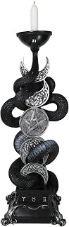 Ebros Triple Moon Pentagram Insignia with Black Slithering Viper Snake Taper Chime Candle Holder Wicca Wiccan Pagan Decorative Candleholder Figurine Occult Home Decor Accessory