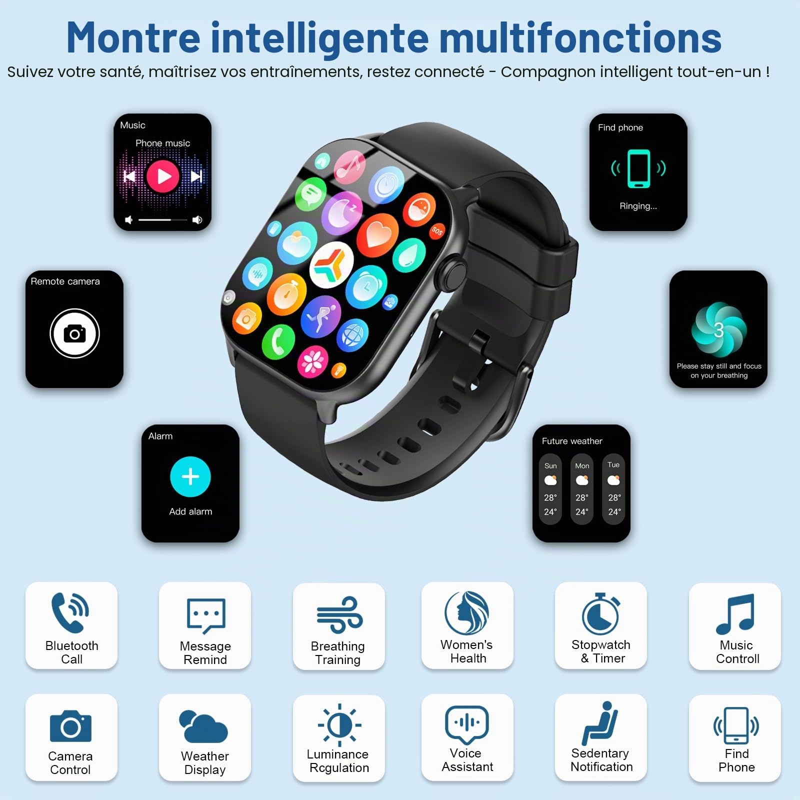 Montre Connectée Homme Femme, 1.96" Smartwatch Moniteur Sommeil Fréquence Cardiaque Podomètre, 110+ Sportifs, Montre Intelligente avec Appel Bluetooth, Etanche IP68 Montre Sport pour Android iOS, Noir