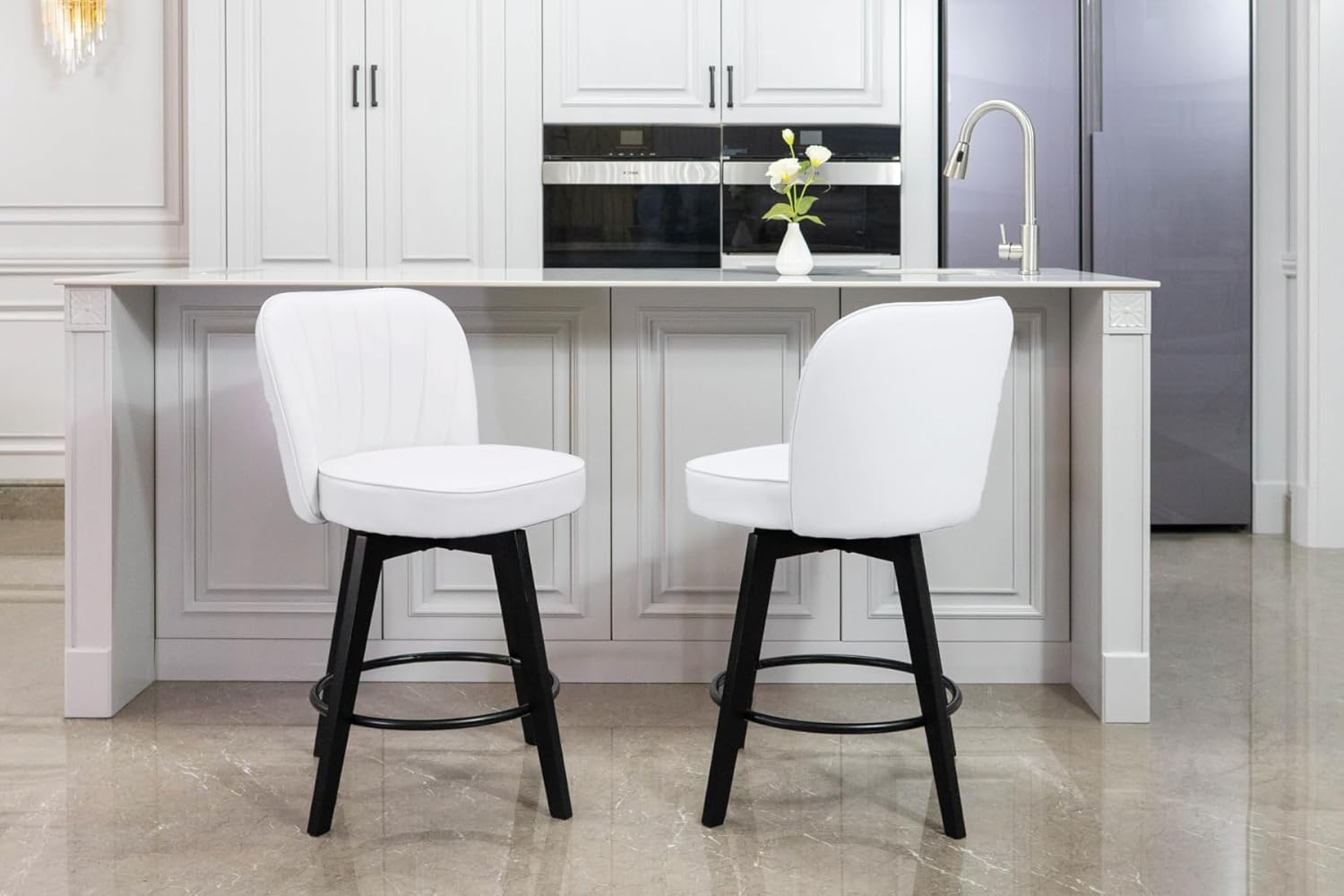 MINCETA 26 Inch Swivel Bar Stools Set of 2, Upholstered Fabric Counter Height Stools with Back, 360° Swivel Barstools with Footrest for Kitchen Island, Home Bar, PU Leather Fabric, White