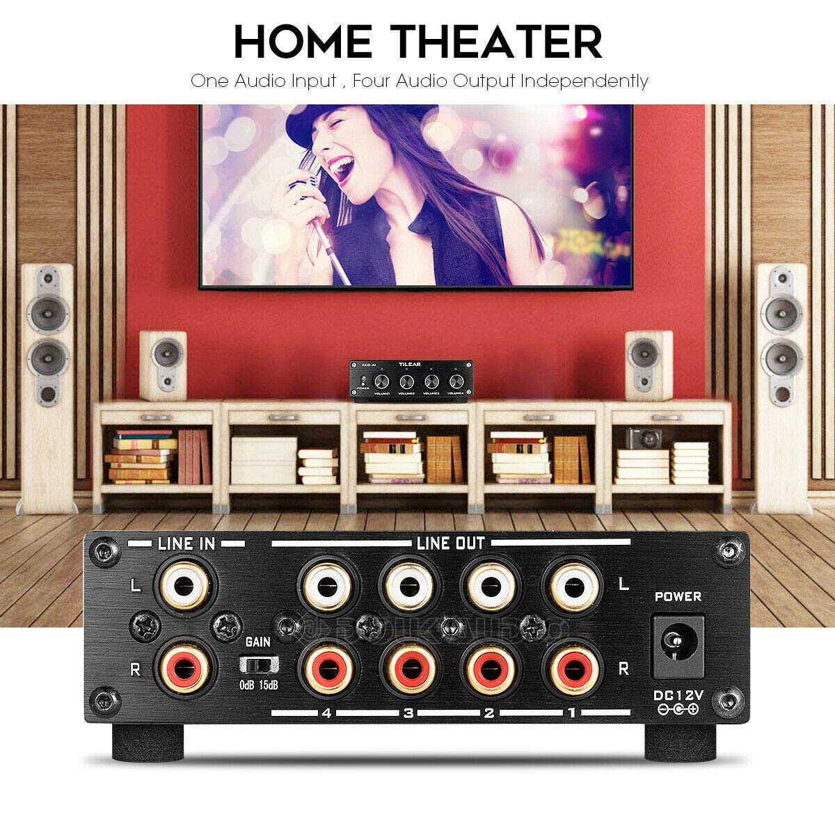 1-IN-4-OUT Lossless Analog Audio Switcher Box Splitter VOL Control for Amplifier (Black)