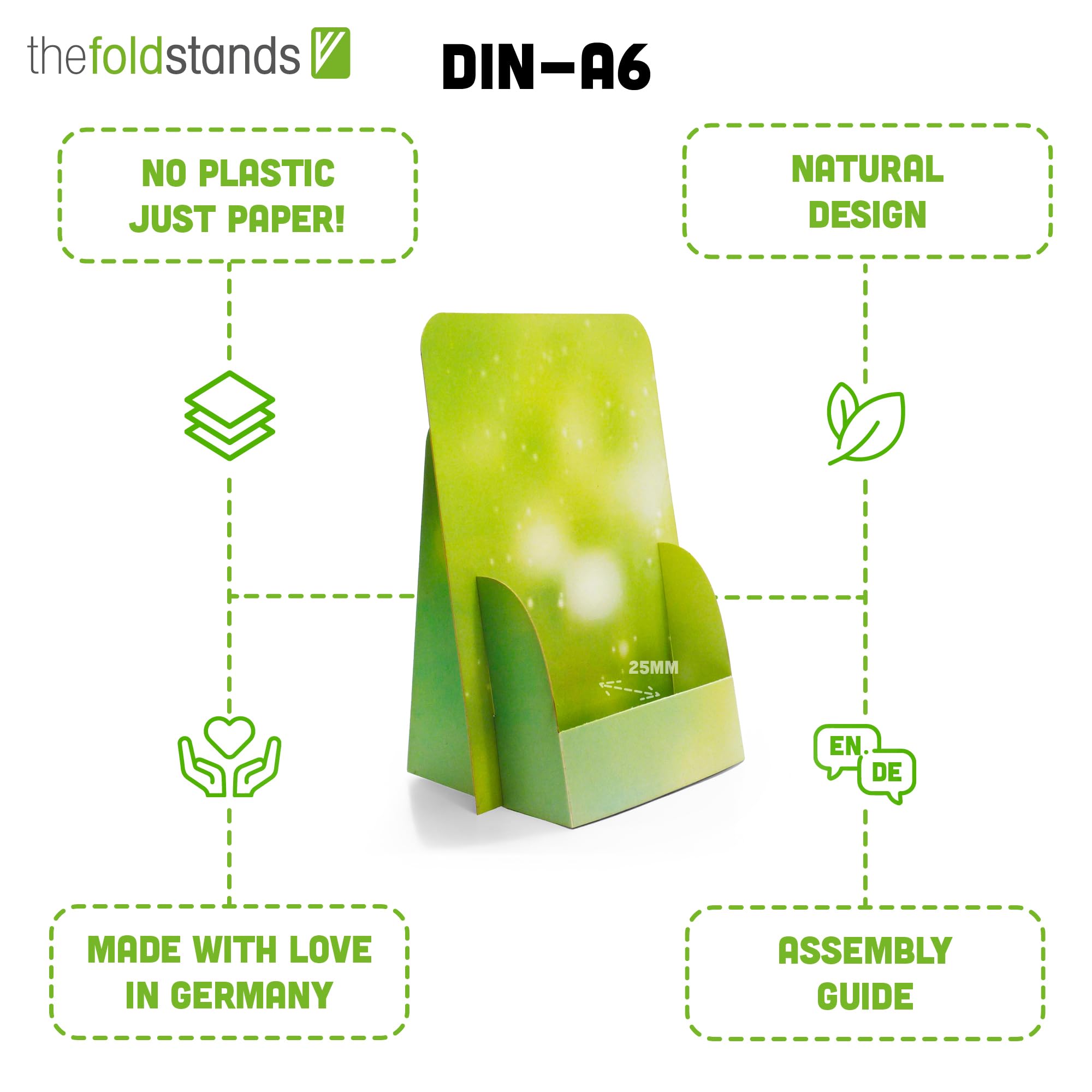 5 soportes plegables Green Design para folletos DIN A6 Flyer vertical, 14,8 x 21 cm, de eco cartón FSC, uso a corto y medio plazo