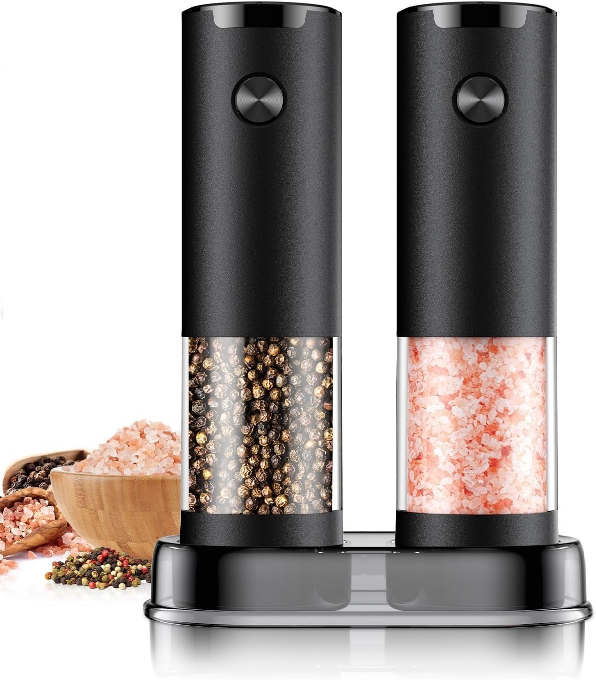 Electric Salt and Pepper Grinder Set, Automatic Battery Operated Pepper Mill Shakers with Adjustable Coarseness, Built-In LED Light, Large Capacity, Kitchen Use and Gift Option (Black/White)