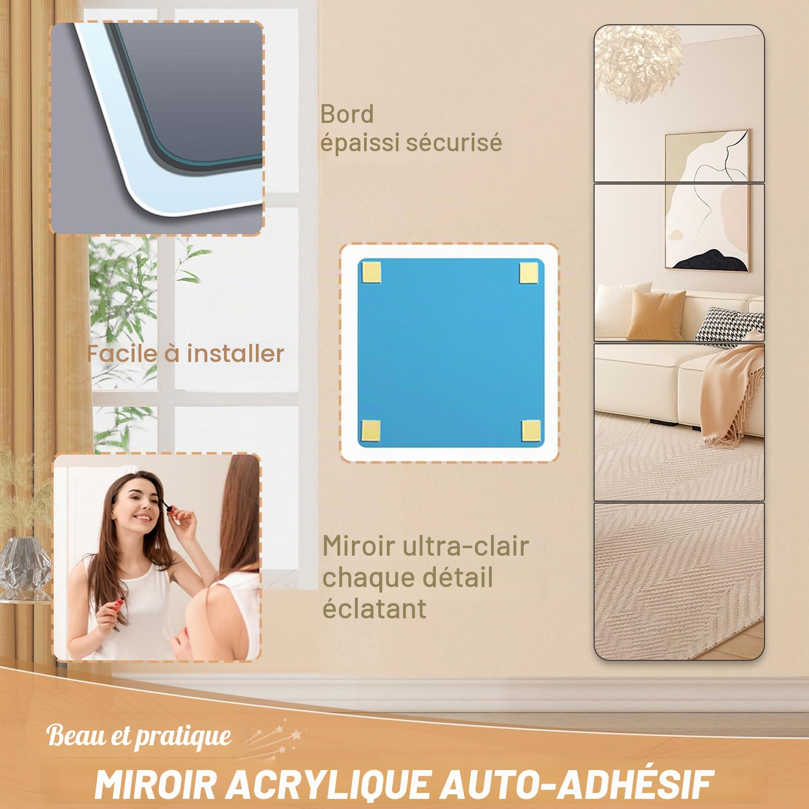 4 Pièces Miroir Mural Adhésif 30 X 30 cm, Miroir Acrylique Incassables Sûr pour Enfants, Grand Miroir Mural Autocollant HD Décoratifs Miroir Adhesif Flexible pour Salle de Bain, Porte, Chambre