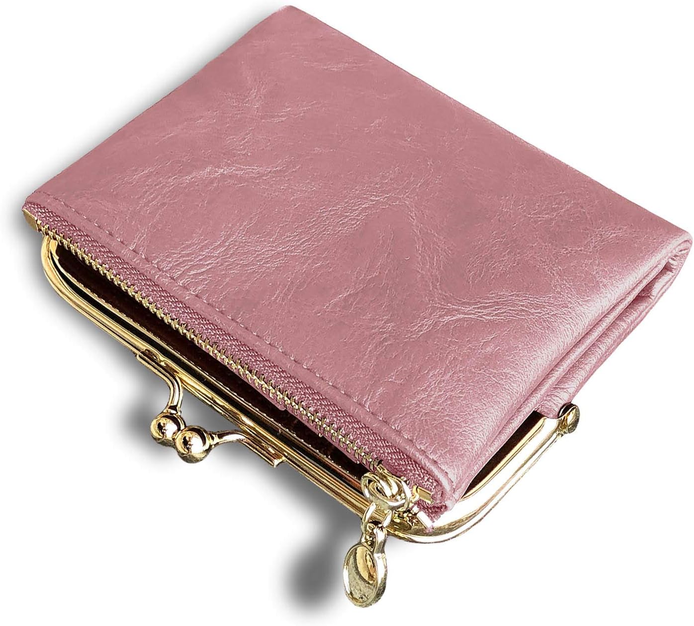 Womens Wallet Small RFID Ladies Compact Bifold Leather Vintage Coin Purse with Zipper and Kiss Lock - Pink - S