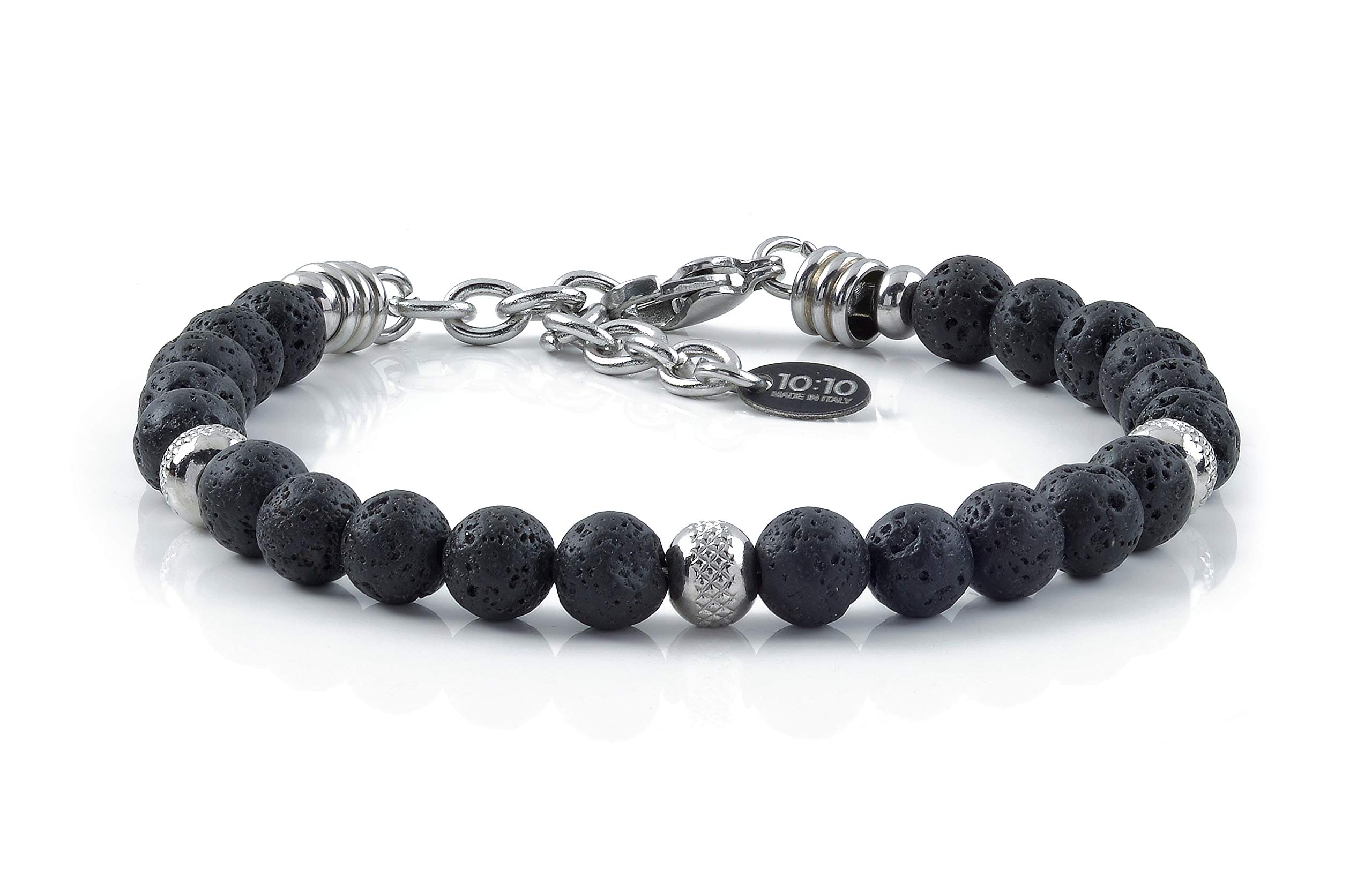 10:10 Bracciale con pietra lavica, beads in acciaio inox, bracciale resistente prodotto in Italia