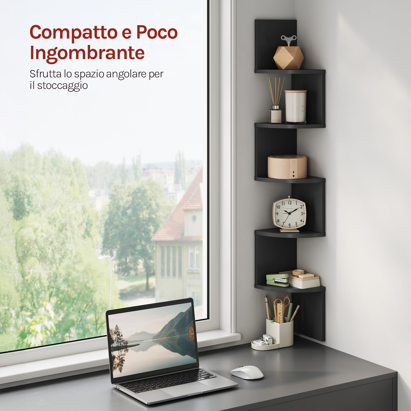 WOLTU Mensola Angolare da Muro Zigzag, Libreria da Parete con 5 Ripiani, Scaffale a Muro per Camera da Letto, Soggiorno, Cucina, Studio, Mensola Nera in Legno, RG9313sz2