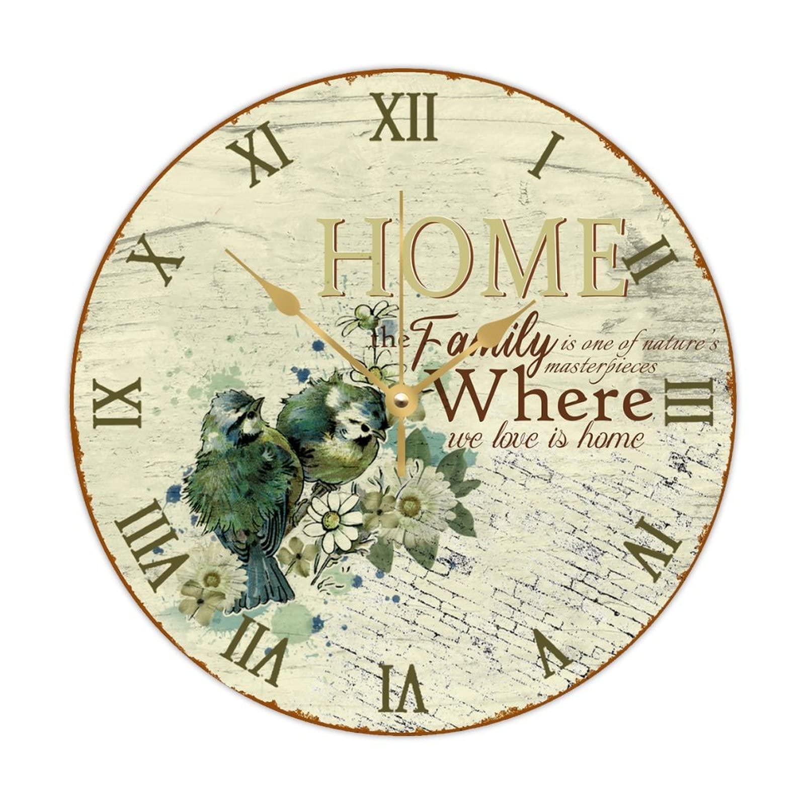 Horloge murale vintage à motif floral montre en bois silencieuse 38 cm