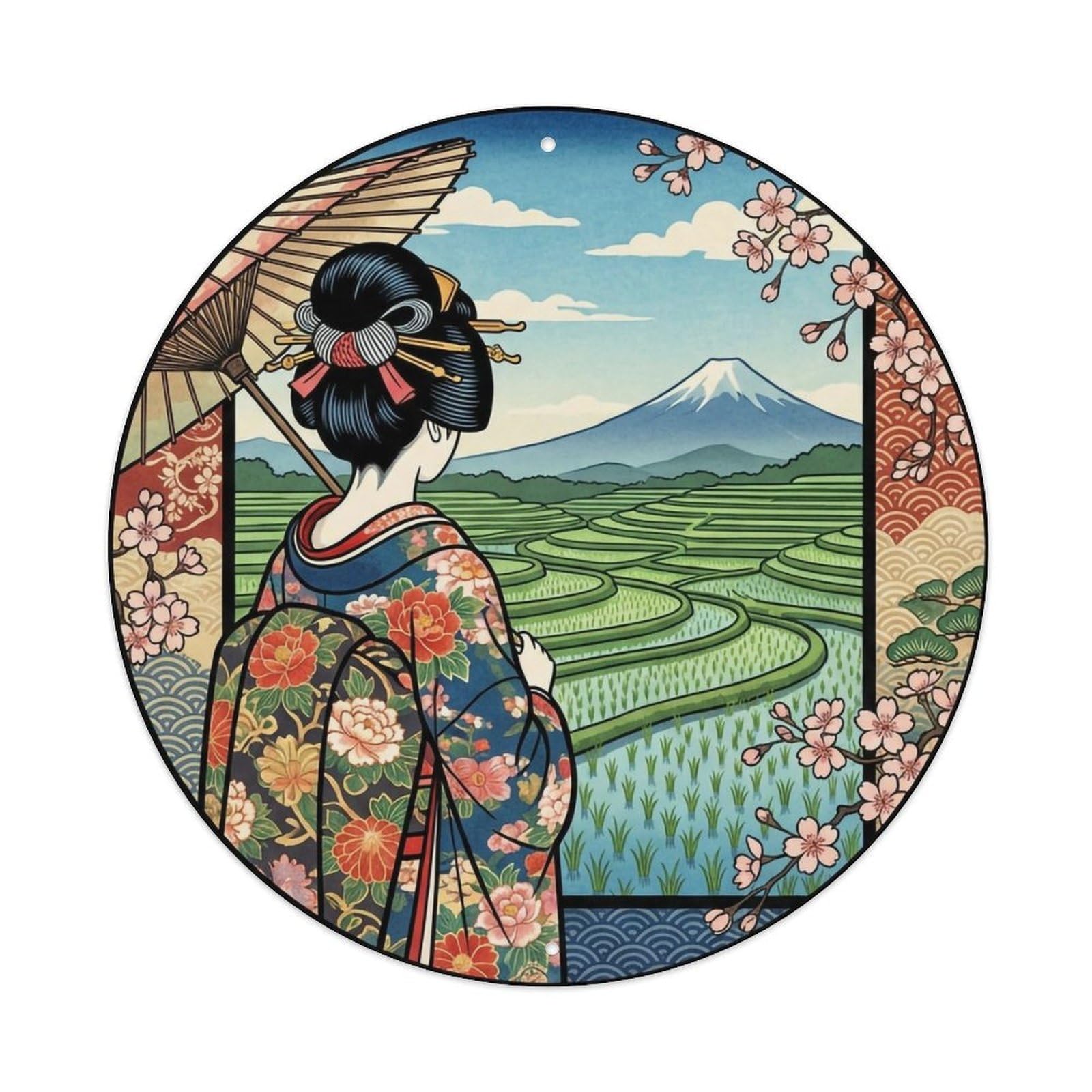 Yrnq 8X8inch Vintage Style Japanese Geisha Green Rice Paddies Observing Serene Metal Tin Sign