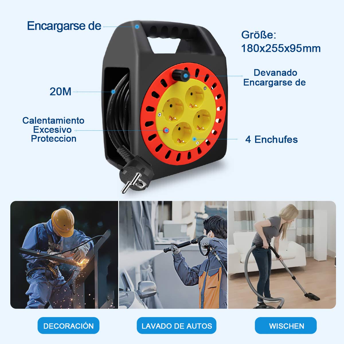 ExtraStar Cable de alimentación de bobina enrollable de 20 metros y 4 enchufes (2P+T) (20M) …