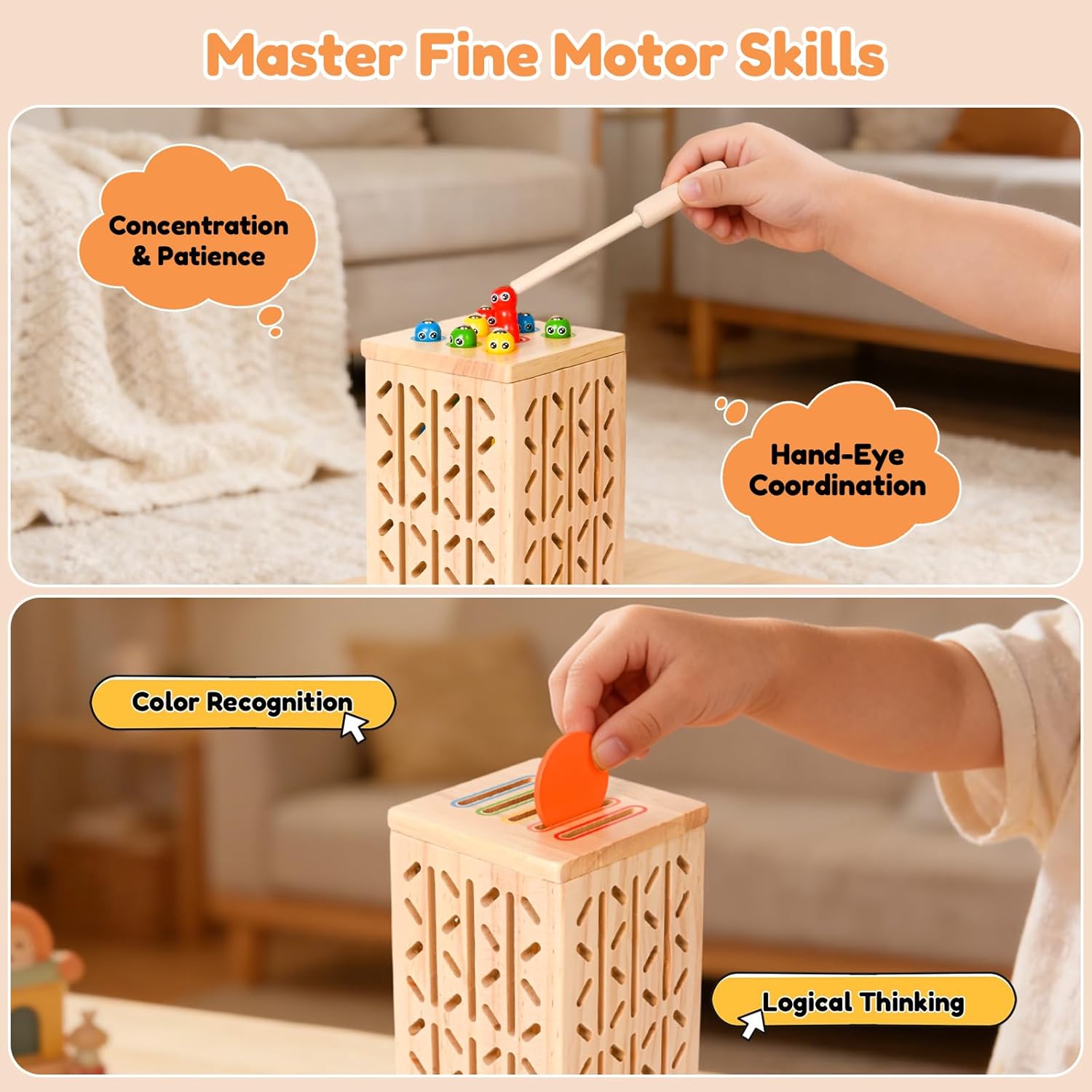 Montessori Toys Wooden Board Games for Kids 4-6, 5-in-1 Fine Motor Skills Educational Games for 3 4 5 6 Year Olds, Colorful Wooden Stick Game with Dice, Family Travel Games for Boys Girls