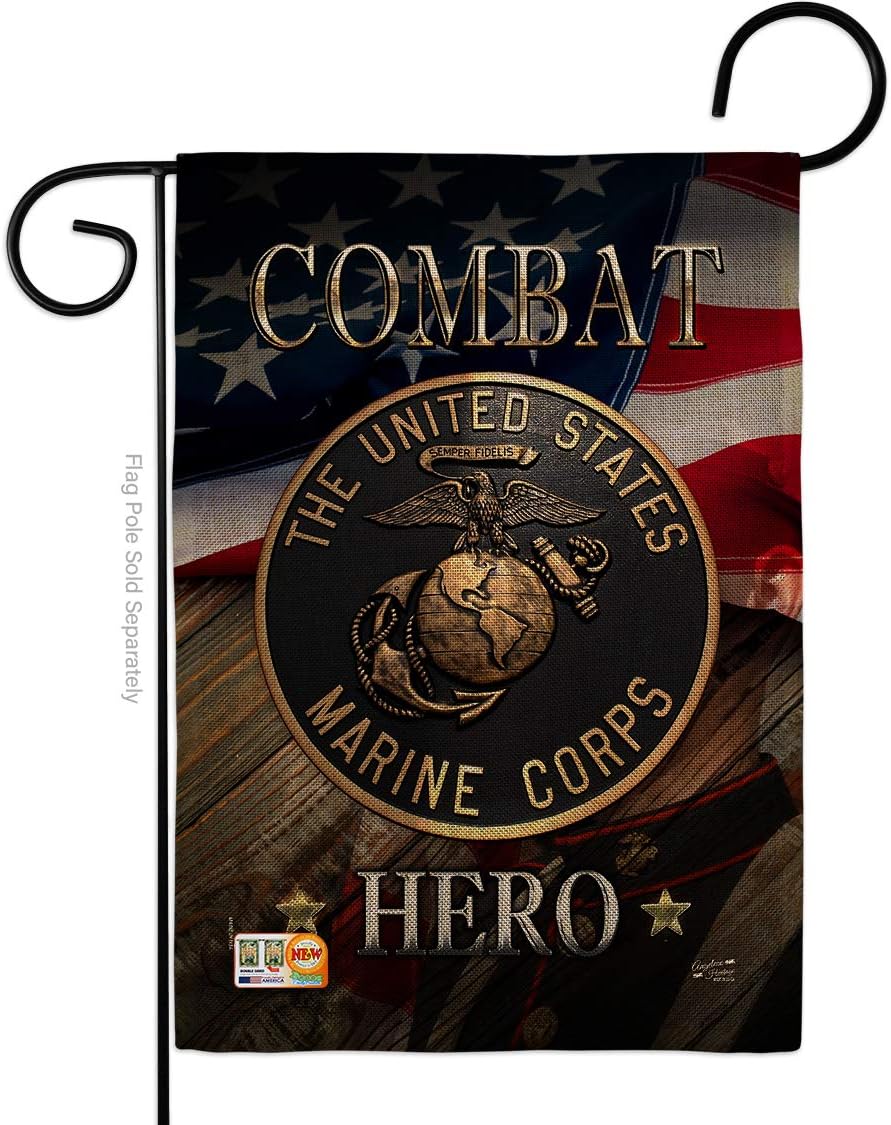 Marine Combat Hero Garden Flag Set with Stand Armed Forces Corps USMC Semper Fi United State American Military Veteran Retire Official Small Gift Yard House Banner Double-Sided Made In USA 13 X 18.5