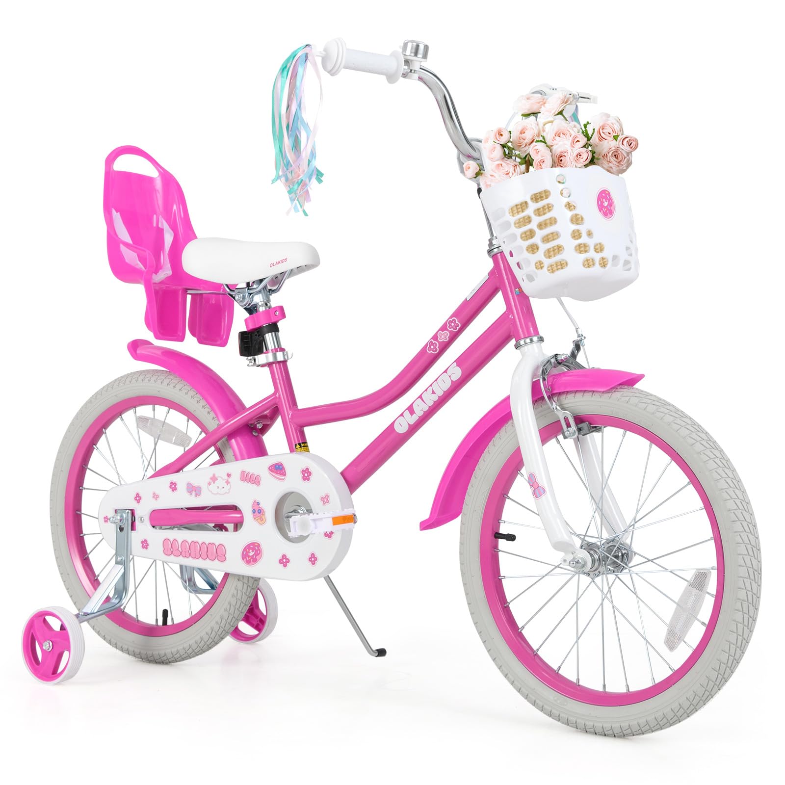 Olakids Kids Bike, 12 14 16 18 20 Inch Girls Bicycle with Doll Seat Basket Adjustable Seat and Handlebar, Handbrake and Coaster Brake