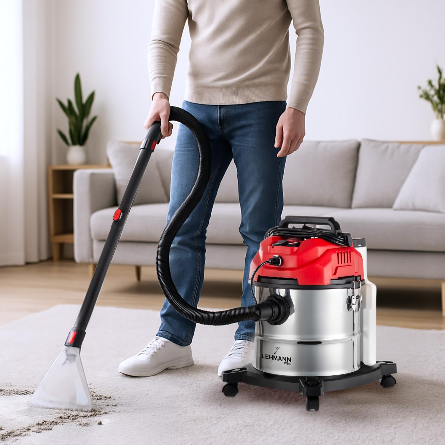 LEHMANN Lavatappeti con Contenitore da 20 L – 1600 W – Aspirapolvere Lava Tappeti e Divani - Filtro HEPA – Serbatoio detergente da 4,3 l – Pulitore Tappezzeria - Spruzza, Pulisce e Aspira