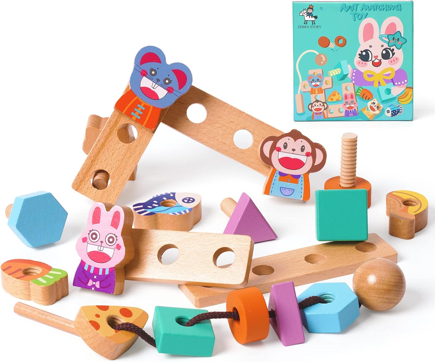 Wooden Toys,Threading Toys with Wooden Building Blocks,Wooden Lacing Beads and String for