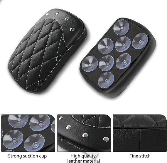 Motorcycle Rectangular Pillion Passenger Pad Seat 8 Suction Cup Rear Leather Passenger Seat Compatible with Harley Custom Cafe Racer Bobber Chopper Custom Application (Black Rhombus Pattern w/Rivet)