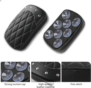 Motorcycle Rectangular Pillion Passenger Pad Seat 8 Suction Cup Rear Leather Passenger Seat Compatible with Harley Custom Cafe Racer Bobber Chopper Custom Application (Black Rhombus Pattern w/Rivet)
