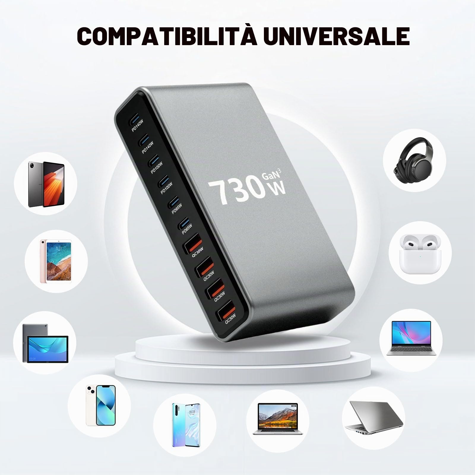 730W Caricatore USB Multiplo - 10 Porte (6 USB-C + 4 USB-A) con Ricarica Rapida, Stazione di Ricarica Compatta per Multi Dispositivi, Compatibile con MacBook, iPad, iPhone 16/15/14, Galaxy S22/S20