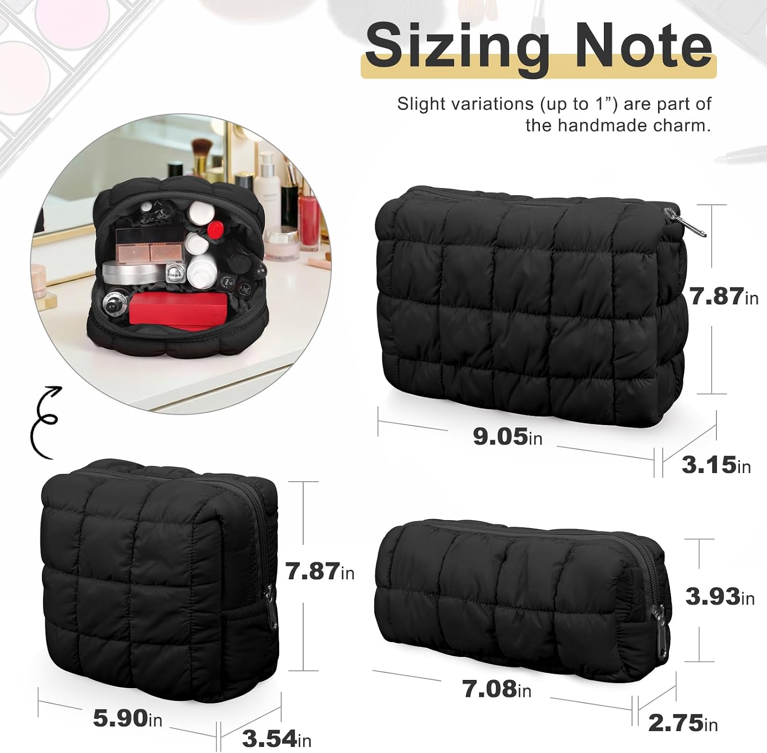 3 Pack Makeup Bag Set for Women Puffer Quilted Cosmetic Bags image 2