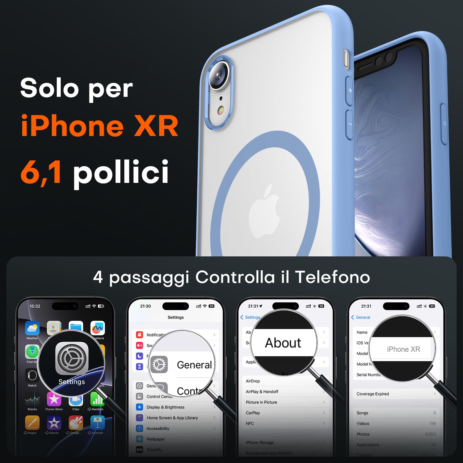 TOCOL Cover Magnetica per iPhone XR 6,1 Pollic, Compatibile con MagSafe, Custodia Antiurto Traslucida Opaca, Blu Chiaro