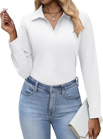 HOTOUCH Button Down Shirt for Women Long Sleeve Stretch Blouse Collared | V Neck Casual Solid Office Work Top White M