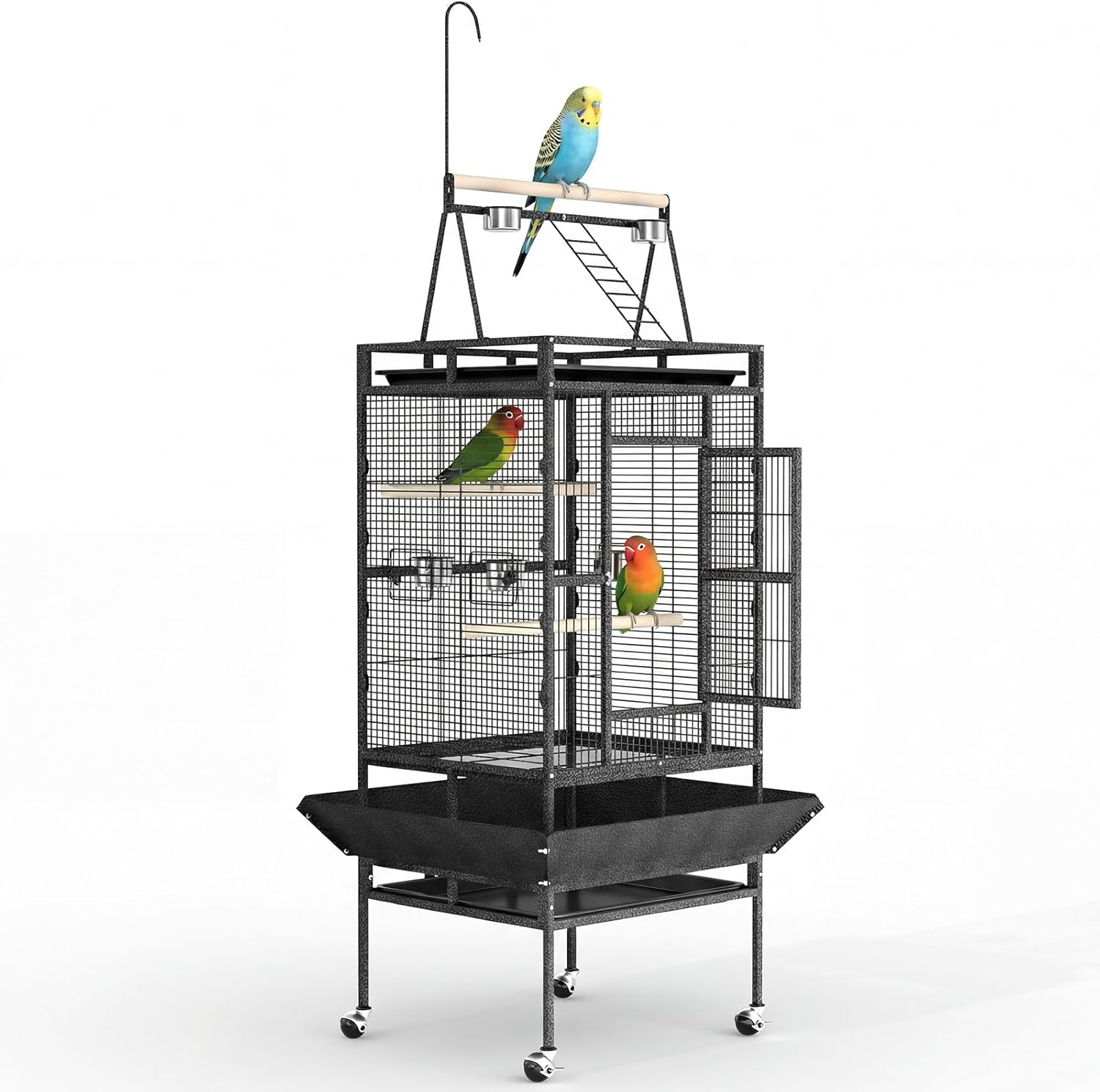 Large 82" Parrot Cage with Wheels, Play Top & Rope Perch - Spacious Flight Bird Cage for Parakeets, Cockatiels, Conures - Powder-Coated Speckled Black