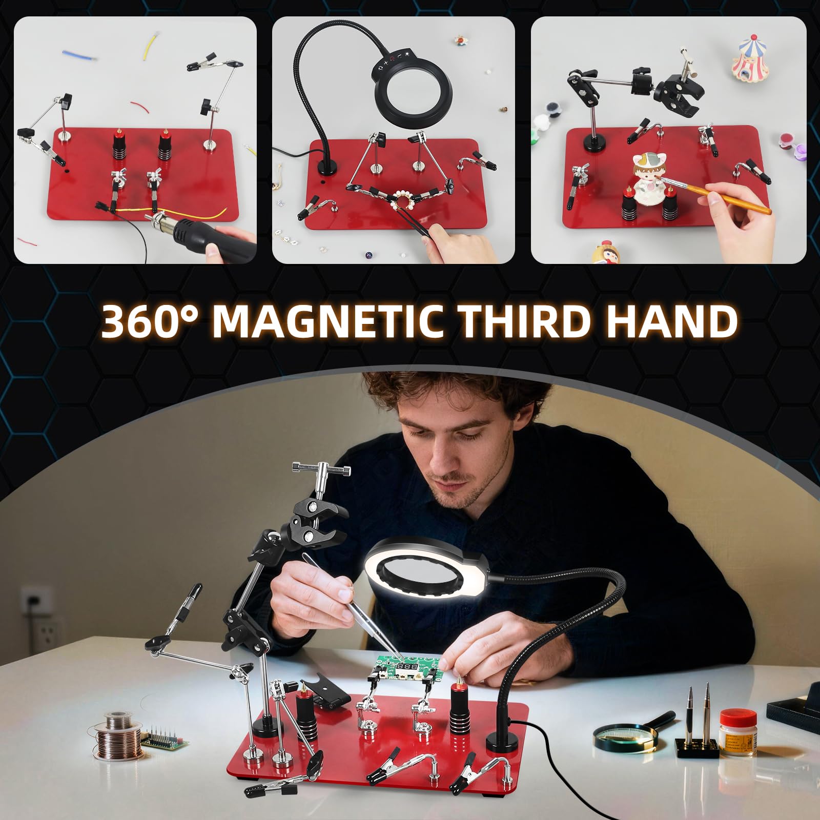 NEWACALOX - Strumento di aiuto di terza mano con 4 bracci di aiuto per saldatura, supporto per morsetto per PCB e 4 pilastri per supporto PCB (trattati termicamente)