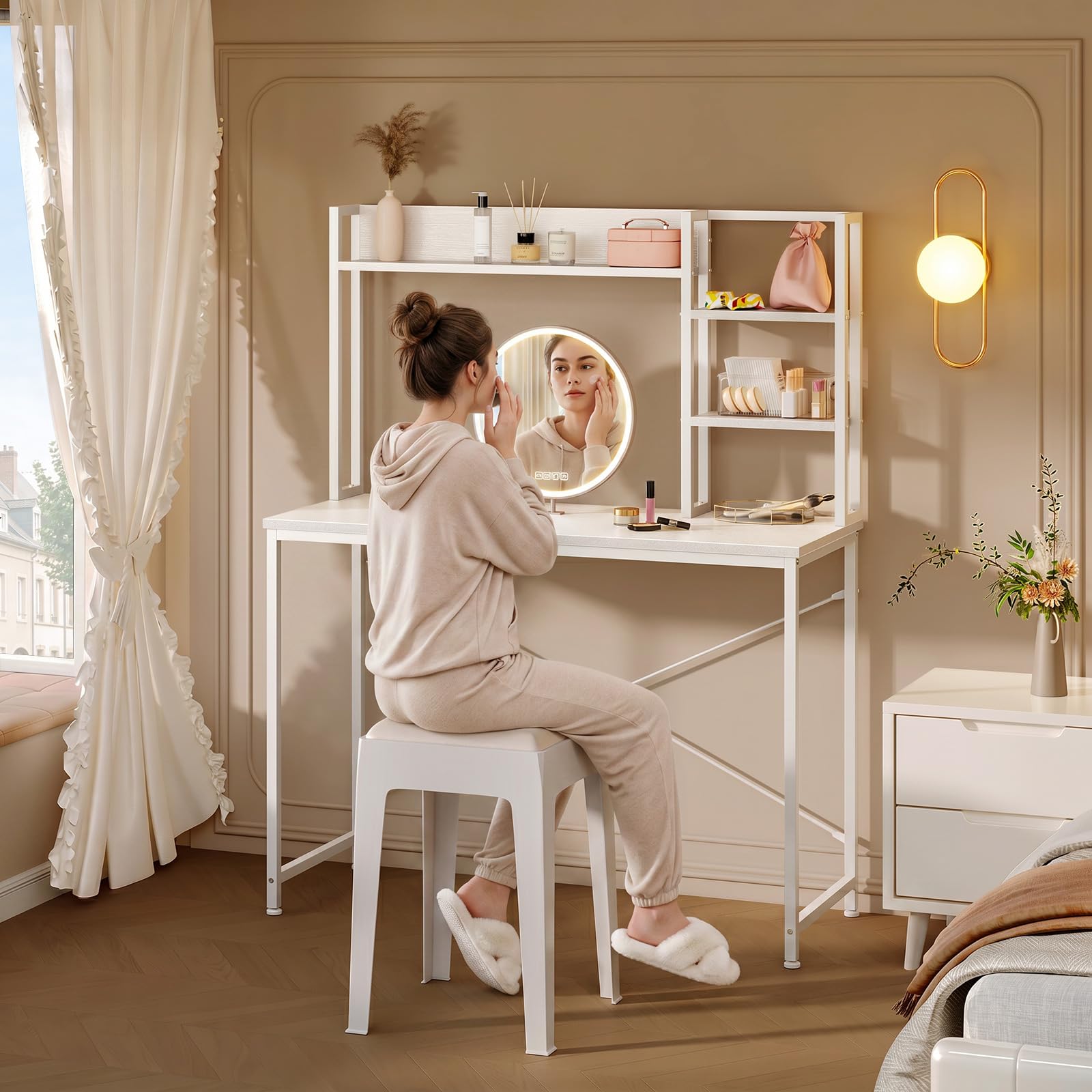 Coleshome Escritorio con Estantería, 100x40, Blanco | Mesa Ordenador, Pequeño Escritorio con Estante Mesa Oficina para Oficina, Estudio y Dormitorio