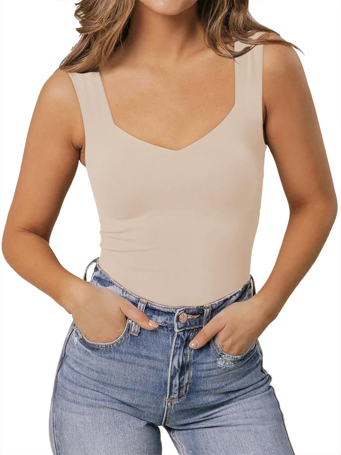 PINKMSTYLE Women's Basic Double Lined V Neck Tank Tops Sleeveless Shirts Slimming Summer Tops - Image 4