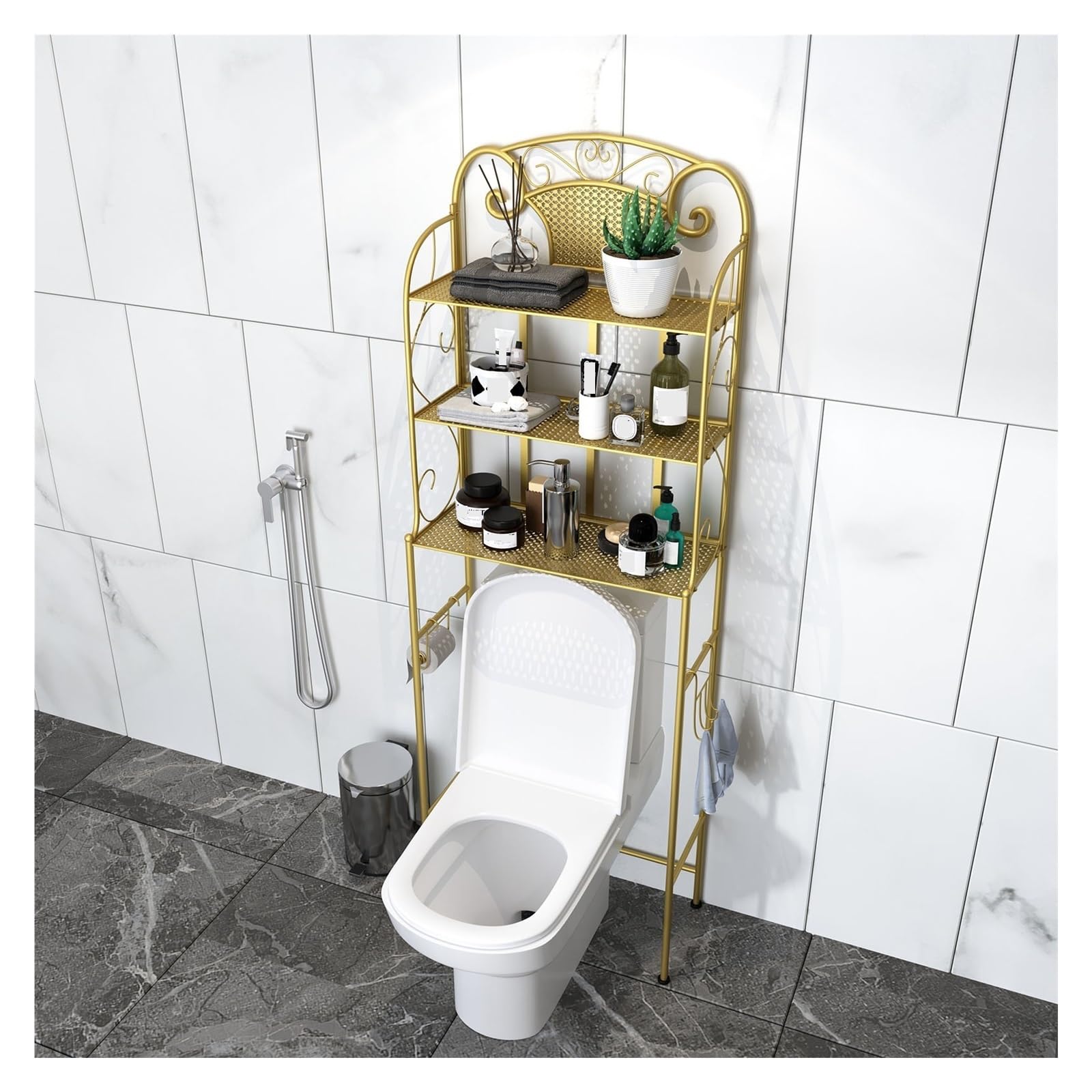 Badezimmer-Organizer über der Toilette, Freistehendes Toilettenschrank mit Haken, Badezimmerregale über dem Toilettenregal, Platzsparend